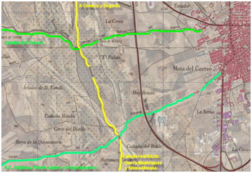Caminos hacia El Toboso y hacia El Campo de Criptana desde Mota del Cuervo.