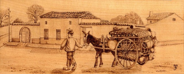 Vendiendo cantaros por la Mancha. Pirograbados de Jurgen